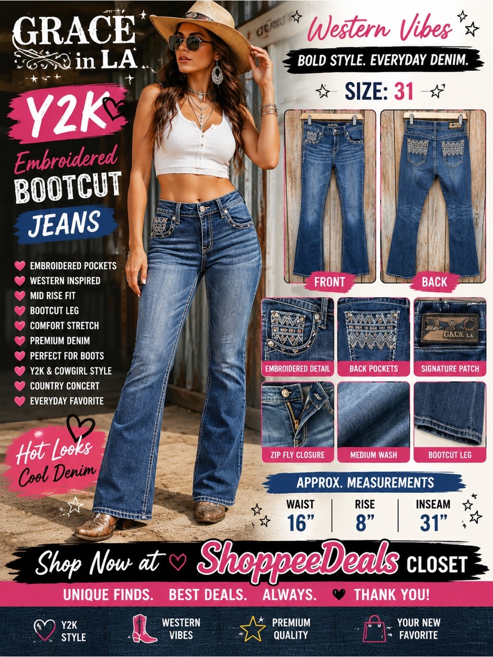 Grace in LA Embroidered Bootcut Jeans Women’s Size 31 Medium Wash Western Y2K